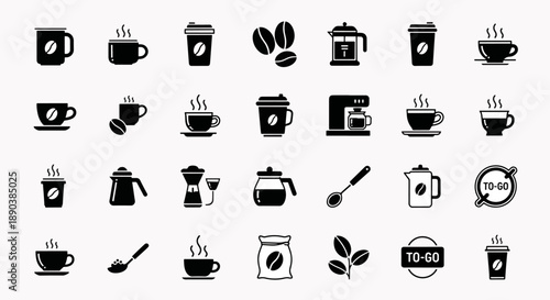 Collection of Coffee Icons, Hot Drinks, Coffee Makers, Beans, and To-Go Cups, Vector Graphics Set