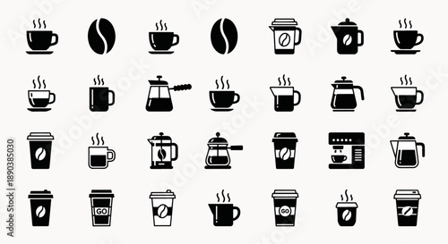 Collection of coffee and tea related icons, steaming cups, coffee beans, and brewing equipment, black and white vector set
