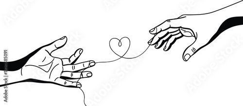 Black and white line art illustration depicting two hands reaching out, connected by a delicate string forming a heart shape, symbolizing connection, love, and relationships.
