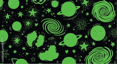 A vibrant green and black cosmic pattern featuring planets, stars, and spiral galaxies, creating a whimsical space background.