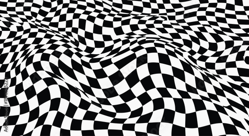 Wavy black and white checkered pattern creating an optical illusion of a distorted surface.
