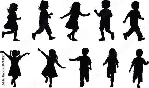 Children walking and running silhouettes, boys and girls in motion, playful kid activities, black vector illustration isolated