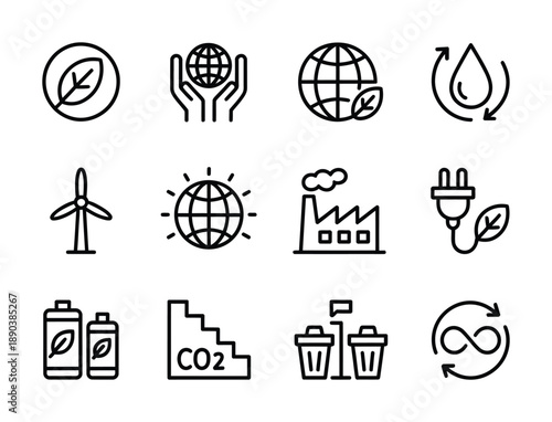 Collection of vector icons symbolizing sustainability and environmental protection initiatives