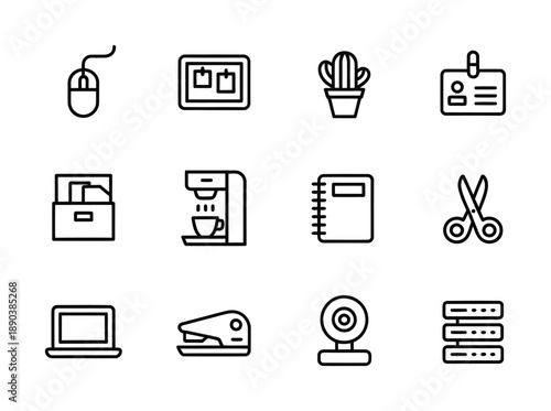 Diverse set of vector icons representing office equipment and supplies in a minimalist design.