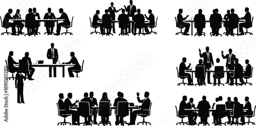 Corporate business meeting silhouettes with managers discussing strategy, teamwork and leadership, office conference people, black vector illustration