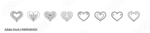Ten unique hand drawn heart icons featuring braided rope patterns ornate scrolls and layered outlines