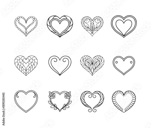 Twelve diverse heart designs including beaded borders filigree fillings layered styles and floral frames