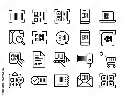 Black and white vector icons depicting qr codes on various devices and documents.