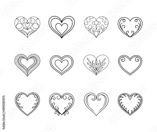 Fifteen charming vector hearts with detailed interiors layered outlines delicate swirls and ornamental embellishments