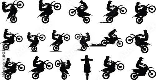 Motocross rider stunt silhouettes set, dirt bike wheelie jump actions, extreme motorbike tricks collection, black isolated vector illustration