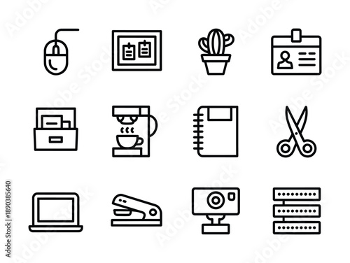 Collection of black-and-white vector icons representing office supplies and equipment