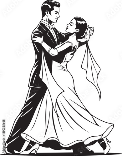 Foto Elegant Ballroom Dance Couple Illustration, Vintage Style Vector Art of Man and