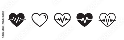 Five simple heart icons in black outline and solid fill showing electrocardiogram and plain shapes