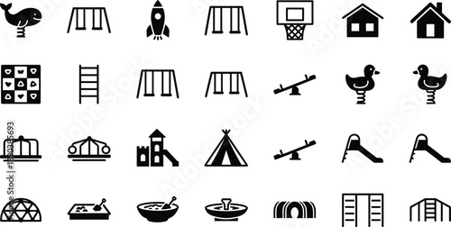 Playground equipment icon set, children park symbols collection, swing slide seesaw sandbox rocket playhouse vector illustration