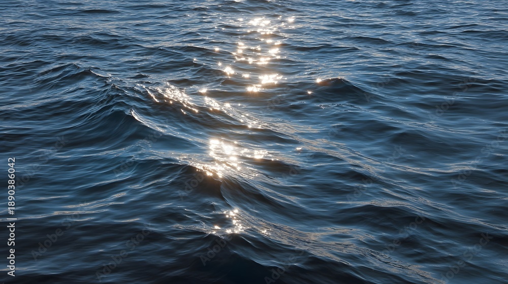 Naklejka premium Sunlight glints on the deep blue ocean waves creating a shimmering serene natural surface