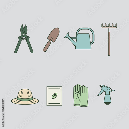 Minimalist Gardening Tools Icon Set Featuring Pruning Shears Watering Can Rake and Garden Hat for Horticulture and Planting Concept Illustration