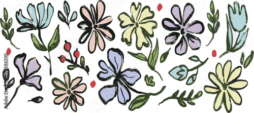 Hand-drawn floral set with ink-style flowers, leaves, and branches. Colorful spring blossoms in a loose brush sketch style, featuring organic shapes , artistic botanical look on a light background.