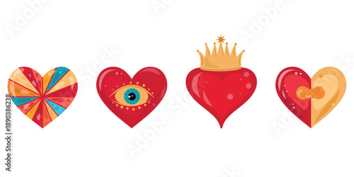 Ornate Hearts Set, Crown, Eye Heart Icons. Royal Heart Vector, Luxe Valentine Graphics. Decorative Heart Collection