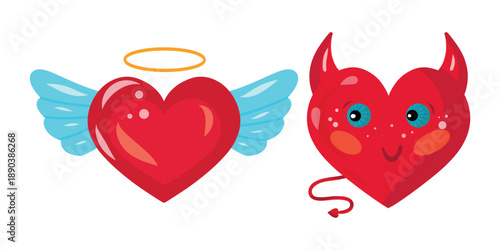 Angel and Devil Hearts, Playful Love Icons. Dual Heart, Cute Angel and Devil Vector. Naughty or Nice Heart Set, Whimsical Romance Graphics