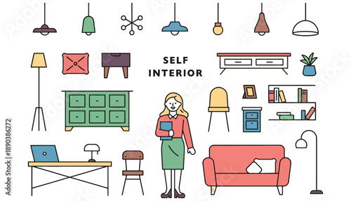 A woman surrounded by various furniture and interior design elements in a colorful room
