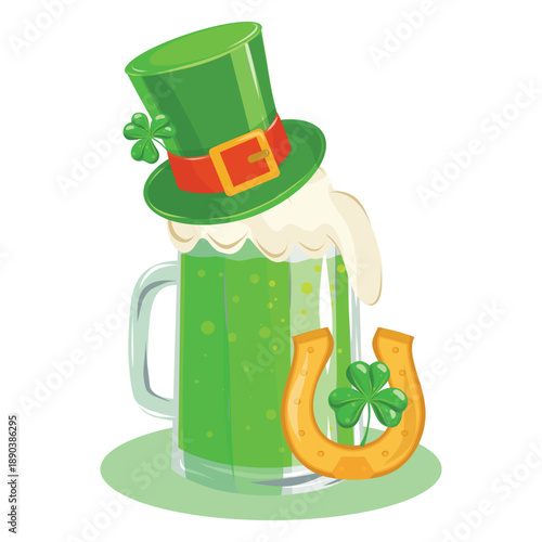 Green Beer and Horseshoe, Lucky St Patrick Pint. Single Green Pint with Horseshoe and Hat, Party Vector