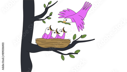 A mother bird feeds her hungry chicks in a cozy tree nest