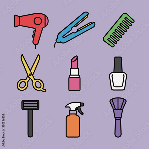 Professional beauty salon tools and cosmetic accessories collection icons set with hairdryer scissors lipstick nail polish on purple background