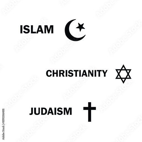 Symbols representing three major world religions: islam, christianity, and judaism