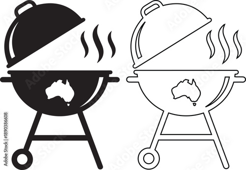 Traditional Australian BBQ grill vector icon set featuring solid black silhouette and simple linear outline styles for summer garden cooking parties and hot food symbols.