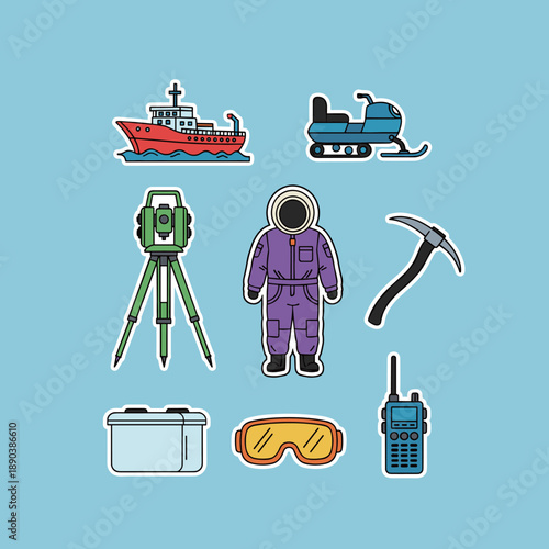 Scientific arctic expedition and polar research equipment stickers set with research ship snowmobile protective suit and surveying instruments