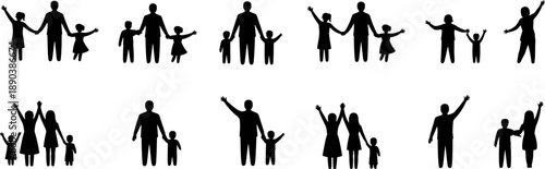 Diverse Collection of Family Silhouettes Featuring Parents and Children Holding Hands and Waving Isolated on White for Parenting Blogs Social Services and Community Marketing