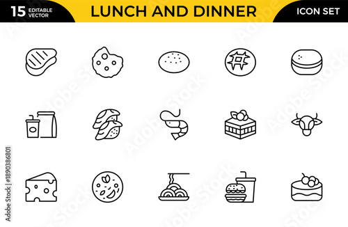 Lunch and Dinner Outline Icon Set – Meal and Food Linear Icons Collection Including Lunch, Eat, Dinner, Pasta, Rice, Pizza, Salad, Soup, Breakfast and More, Editable Stroke, Modern Vector Illustration