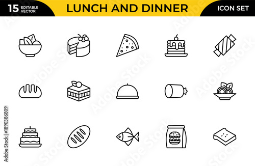 Lunch and Dinner Outline Icon Set – Meal and Food Linear Icons Collection Including Lunch, Eat, Dinner, Pasta, Rice, Pizza, Salad, Soup, Breakfast and More, Editable Stroke, Modern Vector Illustration