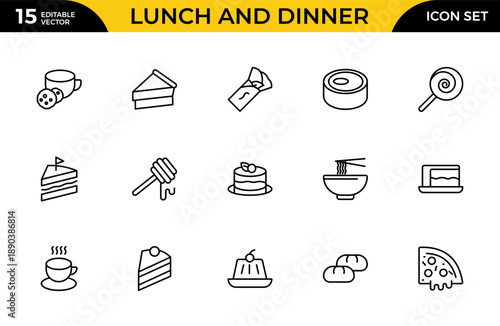 Lunch and Dinner Outline Icon Set – Meal and Food Linear Icons Collection Including Lunch, Eat, Dinner, Pasta, Rice, Pizza, Salad, Soup, Breakfast and More, Editable Stroke, Modern Vector Illustration