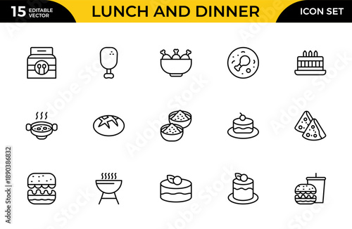 Lunch and Dinner Outline Icon Set – Meal and Food Linear Icons Collection Including Lunch, Eat, Dinner, Pasta, Rice, Pizza, Salad, Soup, Breakfast and More, Editable Stroke, Modern Vector Illustration