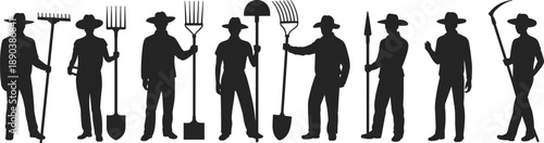 Detailed Set of Farmer Silhouettes Standing and Holding Agricultural Tools Like Pitchforks Shovels and Rakes for Farming Industry Vector Graphic Design and Rural Labor