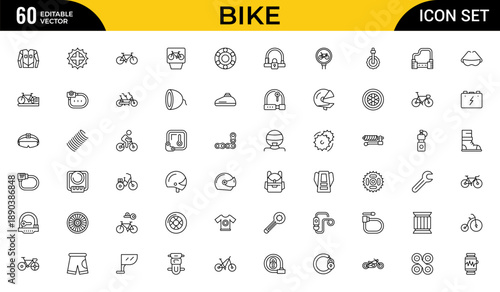 Bike and Cycling Outline Icon Set – Minimal Sport, Fitness and Travel Linear Symbols for Bicycle Riding and Eco Transportation, Editable Stroke, Modern Vector Illustration