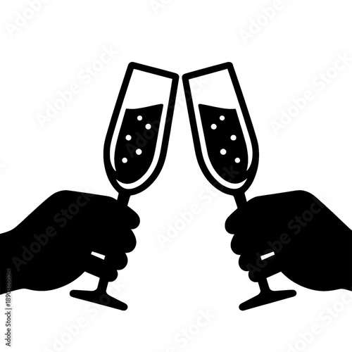 Champagne glasses toast icon vector, black and white minimalist silhouette for celebration and romantic date concept