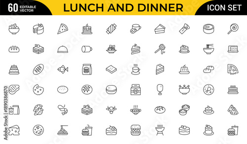 Lunch and Dinner Outline Icon Set – Meal and Food Linear Icons Collection Including Lunch, Eat, Dinner, Pasta, Rice, Pizza, Salad, Soup, Breakfast and More, Editable Stroke, Modern Vector Illustration