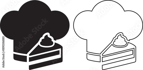Chef hat and cake slice vector icon set featuring solid black silhouette and simple linear outline styles for bakery logos, pastry shop signs, and sweet dessert symbols.