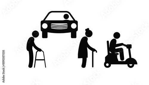 A graphic illustration of people with mobility aids crossing the road safely