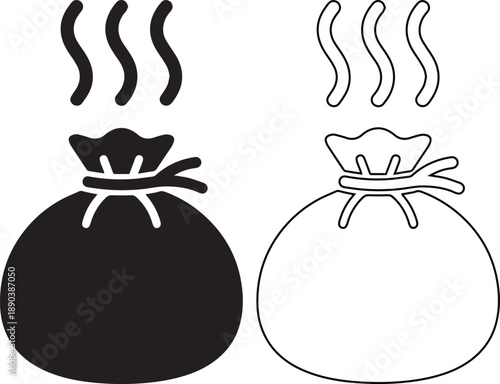 Steamed dumpling dim sum vector icon set featuring solid black silhouette and simple linear outline styles for Asian food restaurant menus and hot Chinese bun symbols.