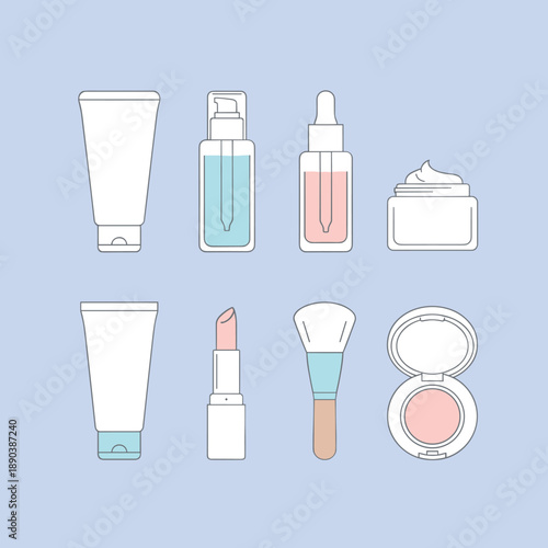 Minimalist Cosmetic Beauty Product and Makeup Tool Icon Set Featuring Skin Care Bottles Lipstick and Brushes for Spa and Salon Graphic Design