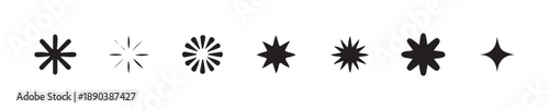 Collection of diverse star and flower-like black icons illustrating twinkling light effects