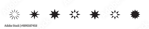 Set of various stylized black star burst shapes isolated on white background for design elements