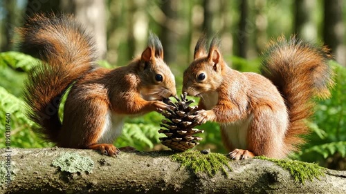 Wallpaper Mural Two, red squirrels share a pine cone on a mossy log in a sunlit forest, alert and curious, watching Torontodigital.ca