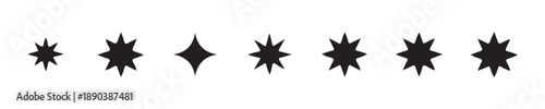Collection of different sized black star icons with varying points and styles on a plain background