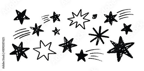 Hand drawn collection of black and white sketchy star shapes and shooting stars