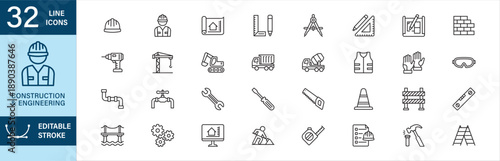 Construction thin line icon set. Engineering icons set. Contains icon symbol of engineer, worker, blueprint, draft, crane, power tools, safety, excavator, dump truck, cement mixer, roadwork, plumbing.
