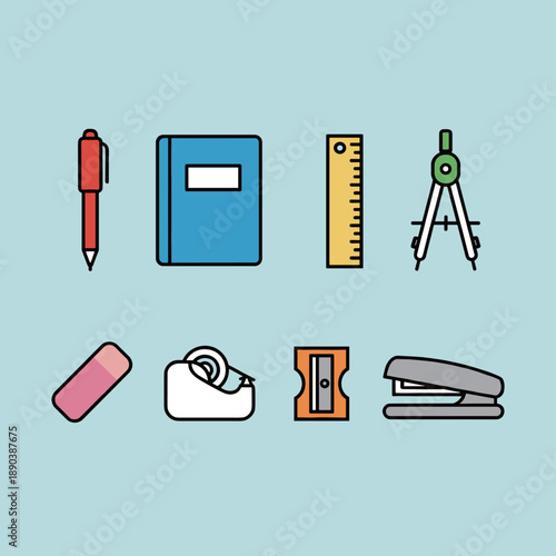 School and office stationery supplies icons set featuring red pen, blue notebook, ruler, compass, eraser, tape dispenser, pencil sharpener, and stapler